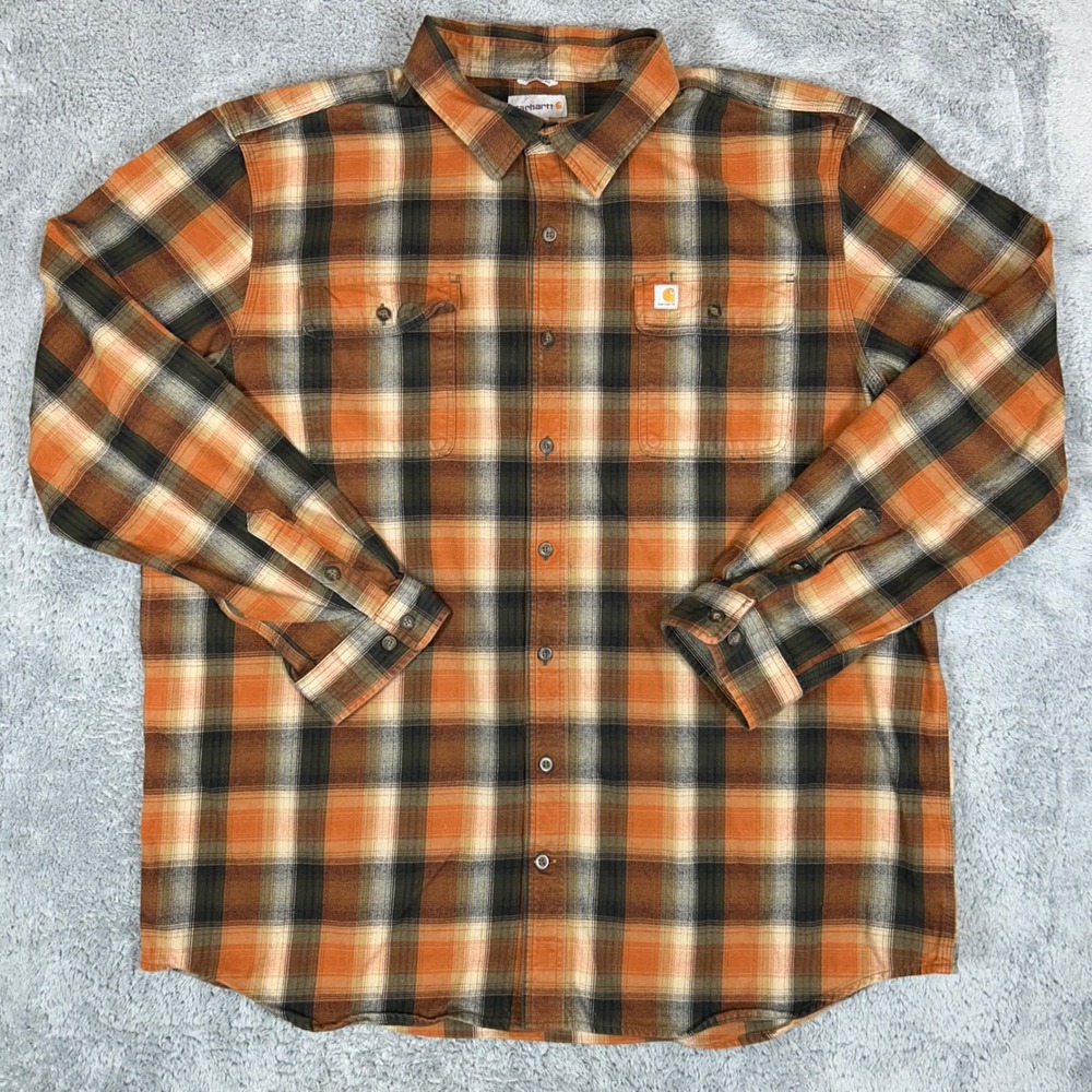 Carhartt Mens 2XL Tall Plaid Flannel Shirt Orange Brown Original Fit 103822 004